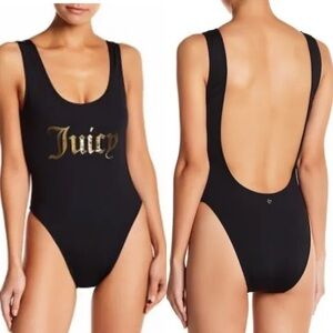 Juicy Couture Logo Black Label Deep Scoop Back High Cut One Piece Swimsuit Med